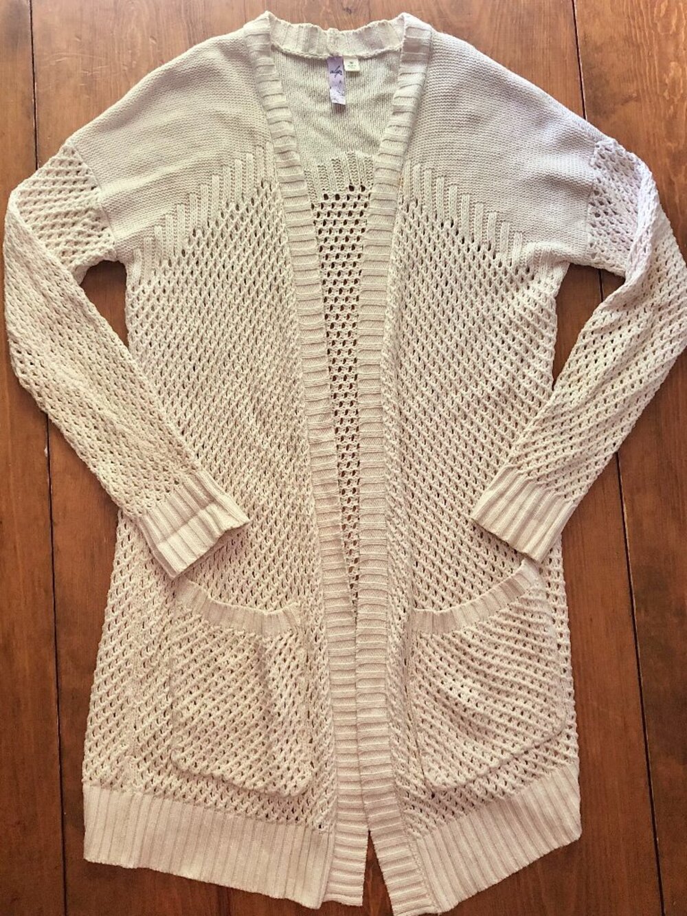 Alya Size Medium Cream Ivory Open Front Crochet Open Knit Duster Boho Cardigan